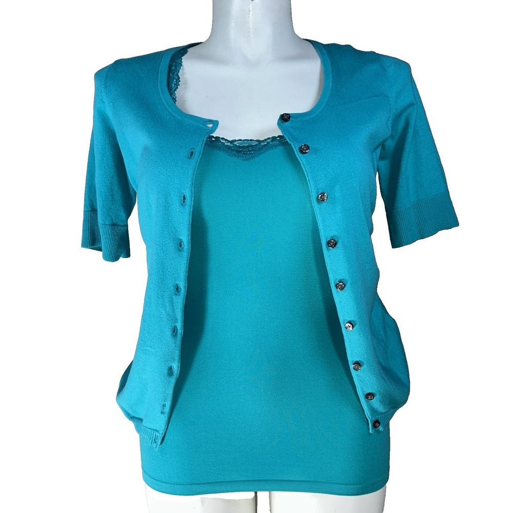 The Limited Cardigan Sweater LARGE Teal w/ Tank 2 Piece Set Short Sl Button Lace